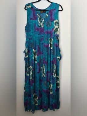 BILA Sleeveless Paisley Patch Print Maxi Dress Size Medium Button Front Pockets